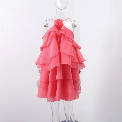 Beach Layer Ruffles Long Dress Women 3D Flower Backless Sleeveless Slim Fit Maxi Dresses Female 2025 Summer Lady Party Robes