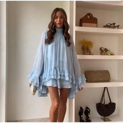 Elegant Multi Layers Ruffles Short Dress Women Pleated High Collar Flare Sleeve Vacation Dresses 2025 Spring Lady Party Robes