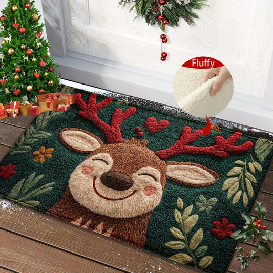 1Pc Fluffy Christmas Deer Microfiber Bath Mat - Quick-Dry & Absorbent, Festive Holiday Design With Red Berries & Green Leaves