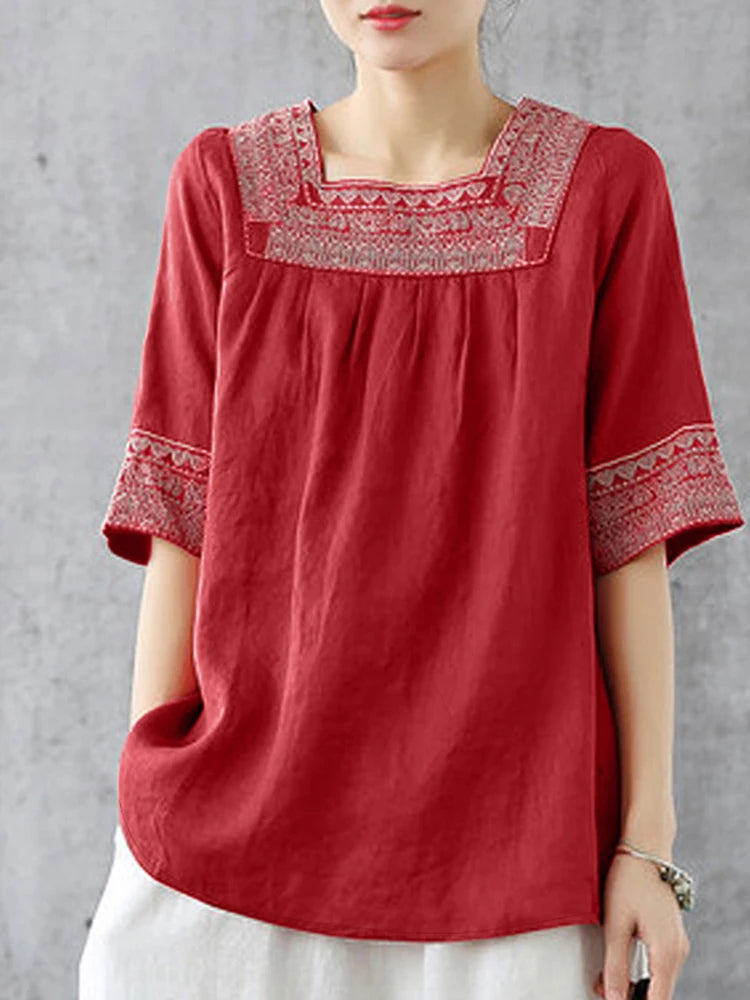 Elegant Women Square Neck Half Sleeve Work Blouses Summer Embroidery Shirt Fashion Holiday Tunic Tops Loose Blusas Mujer
