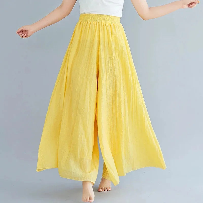 2024 Sen Women'S Artistic Plus Size Cotton Linen Pants Skirt Elastic Waist Solid Color Ethnic Style Wide Leg Pants Skirt