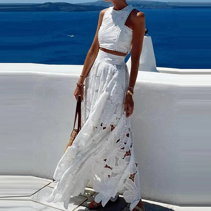 Spring Summer Holiday Boho Outfit Women Sexy O Neck Sleeveless Crop Top & Maxi Skirts Set 2025 Fashion Embroidery Lace 2Pcs Suit