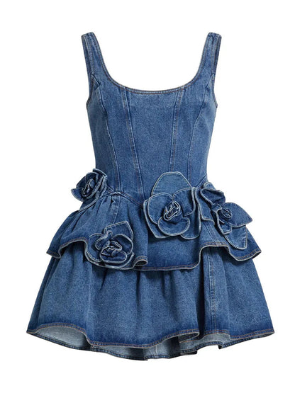 Chic Summer 3D Floral Denim Mini Dress Vintage A Line Halter High Street  Jean Vesidos 2025 New Lady Partyy2K Fashion Clothing