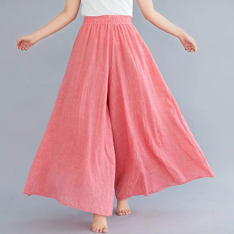 2024 Sen Women'S Artistic Plus Size Cotton Linen Pants Skirt Elastic Waist Solid Color Ethnic Style Wide Leg Pants Skirt