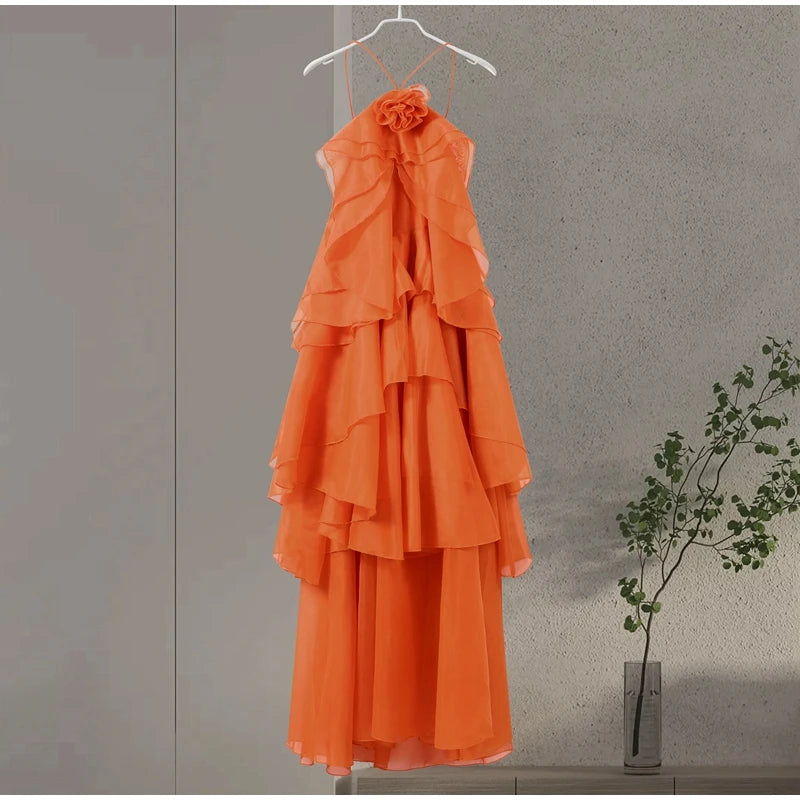 Beach Layer Ruffles Long Dress Women 3D Flower Backless Sleeveless Slim Fit Maxi Dresses Female 2025 Summer Lady Party Robes