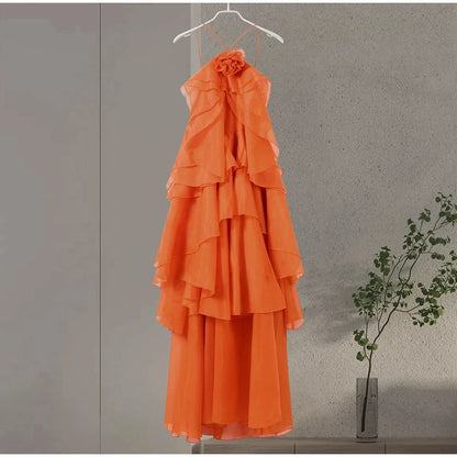 Beach Layer Ruffles Long Dress Women 3D Flower Backless Sleeveless Slim Fit Maxi Dresses Female 2025 Summer Lady Party Robes