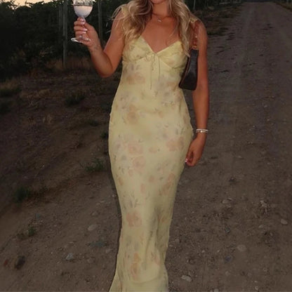 Summer Flower Printed Women'S Sexy Low-Cut Dress Sleeveless Backless Slim Sling Dresses 2025 Beach Vacation Lady Vestidos