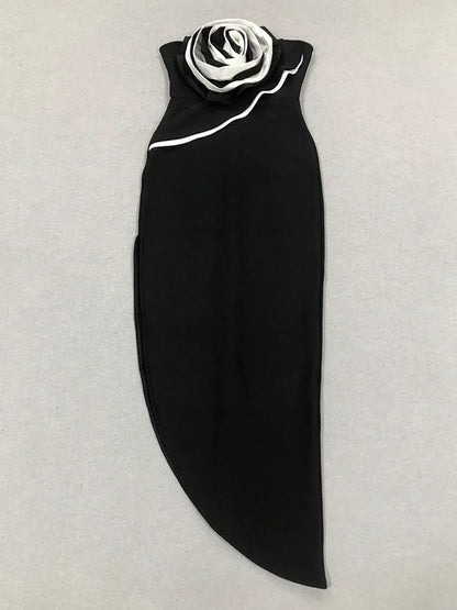 3D Flower Strapless Asymmetric Black Maxi Dress