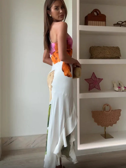 Fashion Printed Curling Edge Dresses Chic Irregular Neck Off Shoulder Open Fork Gown New Women Summer Cocktail Party Vestido
