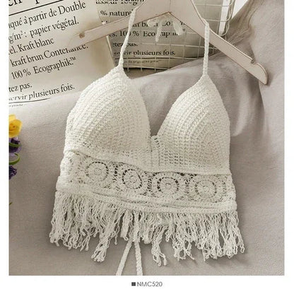 2025 Crop Tops Retro Wild Hollow Perspective Tassel Sexy Spaghetti Strap Tanke Top Women Built In Bra New Back Lace Halter Neck