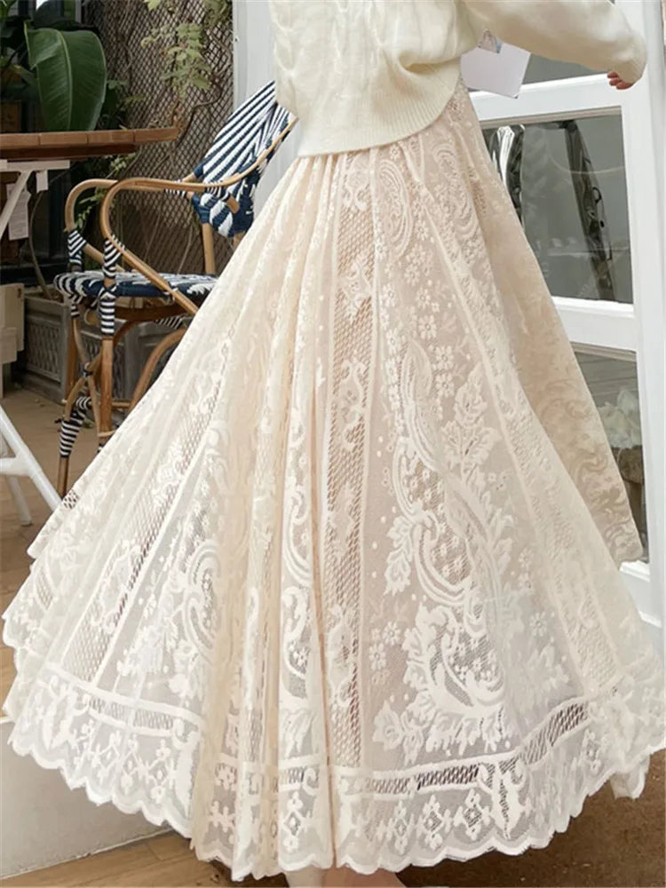 Vintage Women'S Lace Crochet Umbrella Long Skirts Bohemian High Waist Hollow Out Female Maxi Skirts Spring Summer