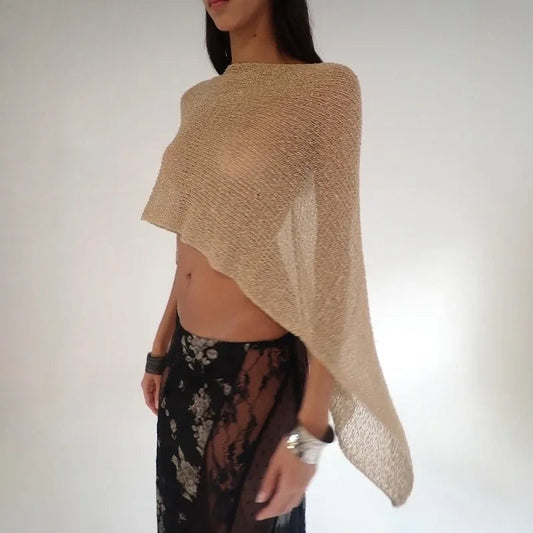 Jadedlondon Gold Knitted Hollow Out One Piece Top Hanging Neck Shoulder Multi-Way Holiday Style Strap Vest Polyester Fiber