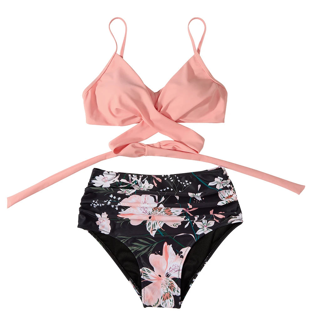 High Waist  Sexy Bikini Set 2024  Biquini Swimwear Women Two Pieces Swimsuit Floral Beachwear V-Neck Bathing Suits Female