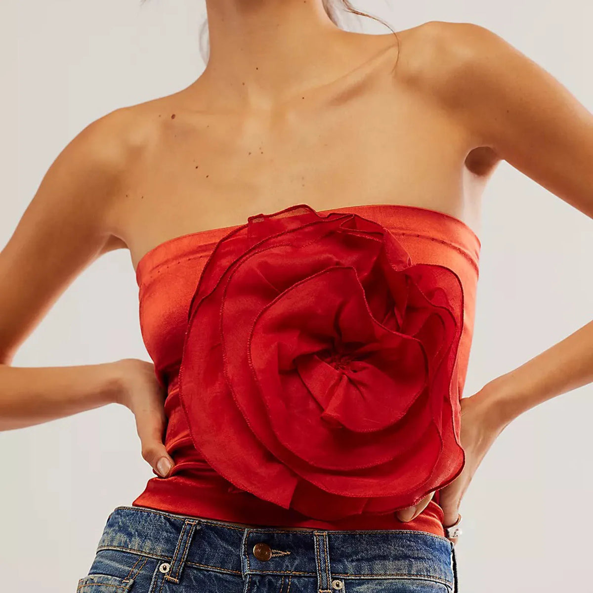 3D Flower Mesh Sheer Tube Strapless