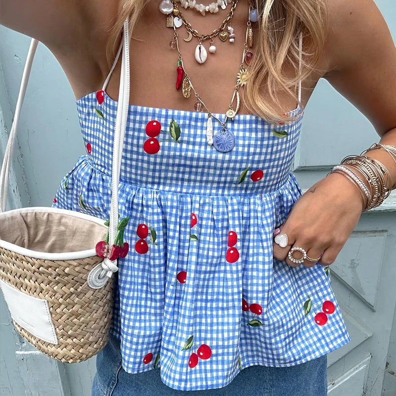 Fairycore Backless Tie Up Crop Tops Cherry Plaid Print Peplum Camisole Summer Holiday Sweet Cute Milkmaid Tank Vest Y2K Clothes