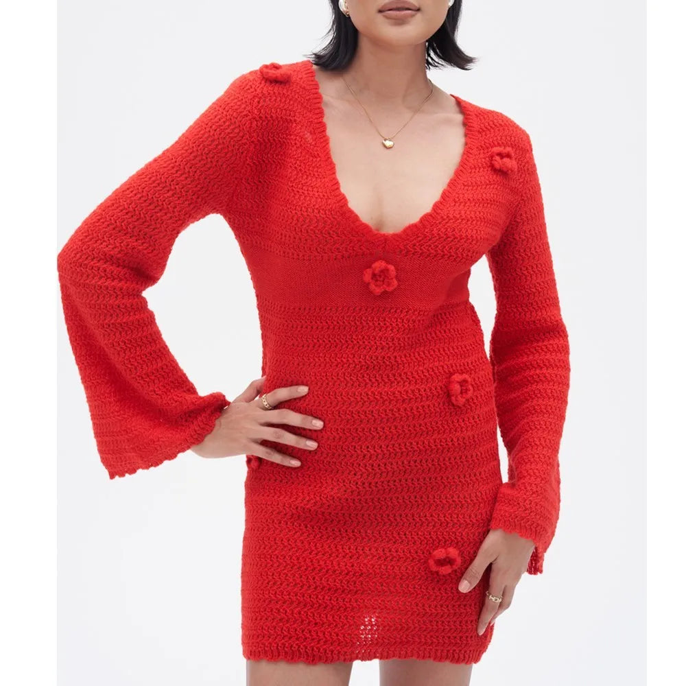 3D Flower Hand Crotch Full Flare Sleeve Sweater Dress