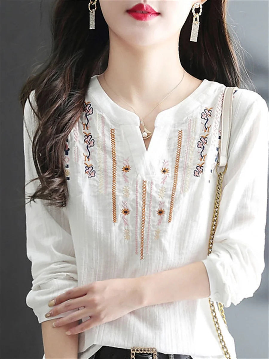Women Spring Autumn White Blouses Tops Lady Casual Embroidery V-Neck Long Sleeve Vintage Loose Blusas Top Df4272
