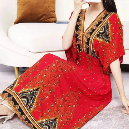 Casual Elegant Retro Bohemian National Style V-Neck Elastic  Waist Large Swing Printed Summer Long Skirt Woman Dress Clothes