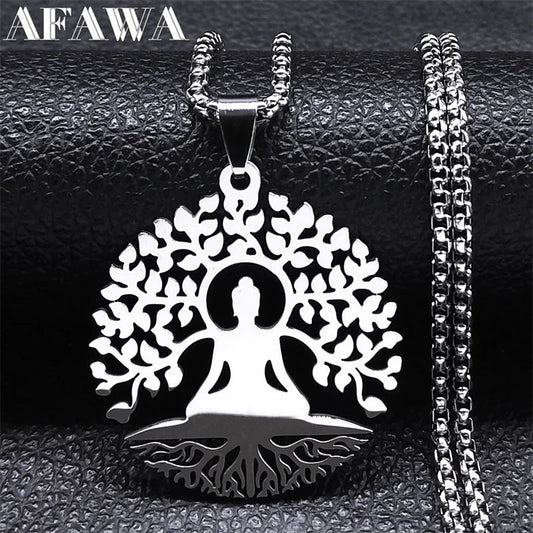 Buddhism Meditation Buddha Yoga Pendant Necklace Stainless Steel Tree Of Life Buddhist Chakras Reiki Chain  Jewelry Collar
