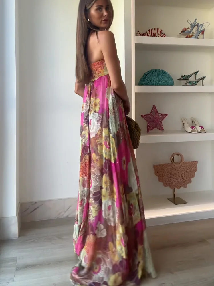 Casual Pleated Printed Strapless Maxi Dress Women Chic Sleeveless High Waist Loose Hem Long Dresses Summer New Lady Party Robes
