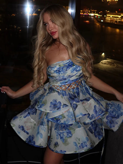 Single Shoulder Hollow Out Dresses Woman Pleated Printed Sleeveless Short Dress Elegant Fashion New Women'S Fluffy Mini Dress