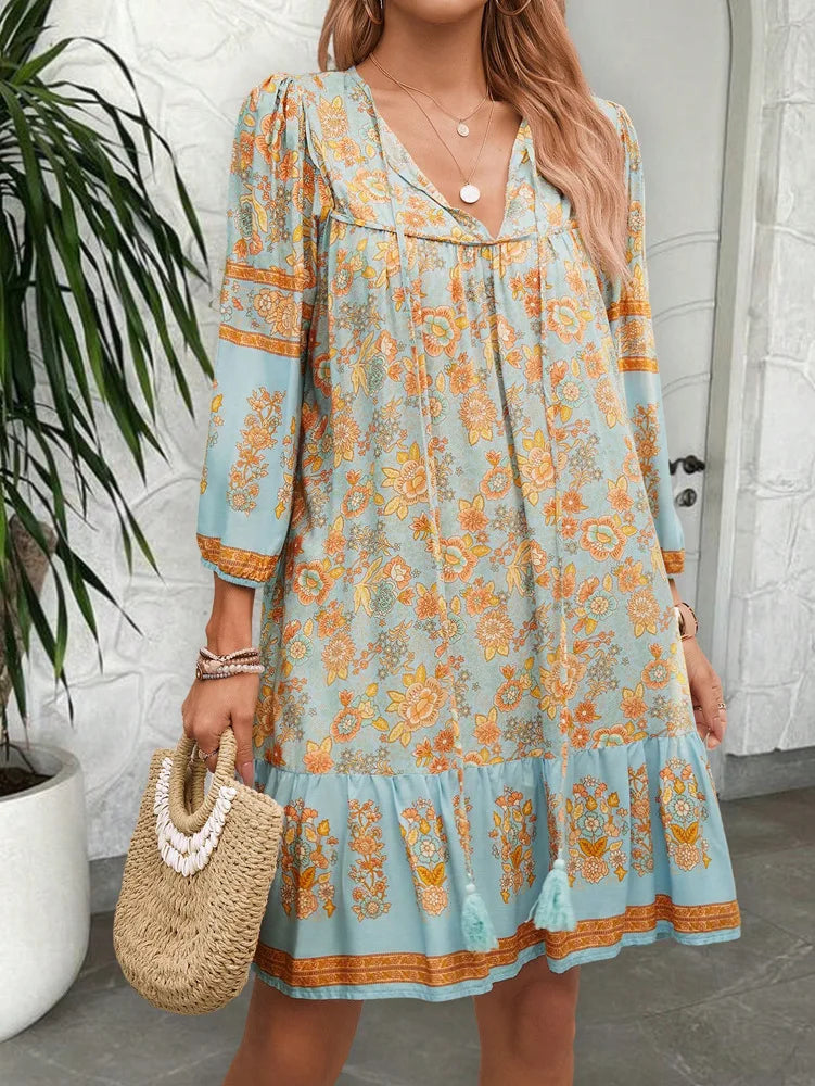 Canwedance Women'S Bohemian Printed Dress V Neck Chic Short Dress Loose Fit Viscose Holiday Dresses Femme Hippie Vestidos