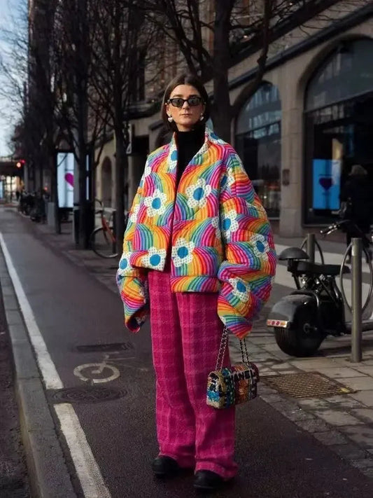 Fashionable Autumn/Winter New Release Rainbow Flower Padded Jacket Cross-Border Style Quilted Coats For Men Women