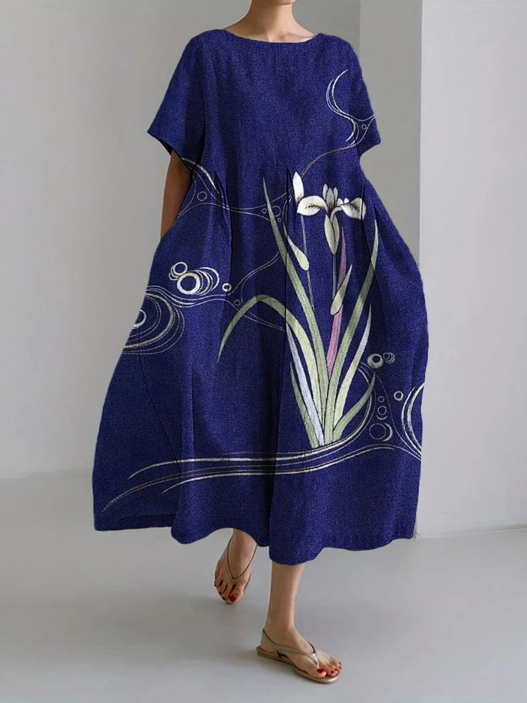 New Women'S Round Neck Long Casual Dress Summer Large Size Fresh Fish Print Dress Street Vacation Short-Sleeved Dress