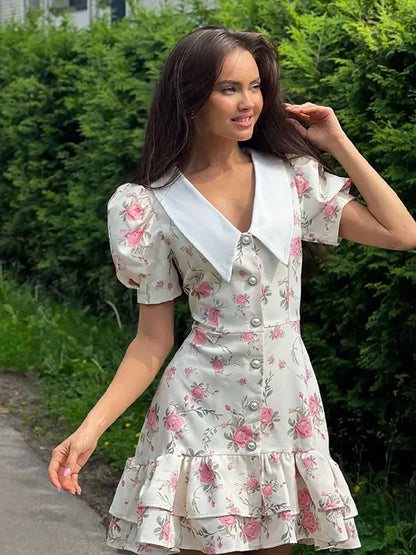 Flower Printed Lapel Mini Dress Women Casual Daily Short Sleeved V Neck A-Line Fluffy Short Vestido 2025 New Summer Holiday Robe