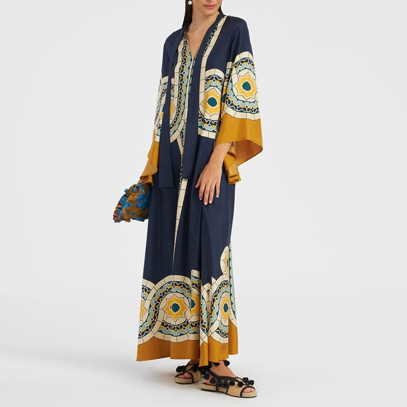 Ethnic Retro Spring Print Boho Long Dress Women Sexy Stand Collar Lace-Up Party Dress Fall Long Sleeve Loose Ladies Maxi Dresses
