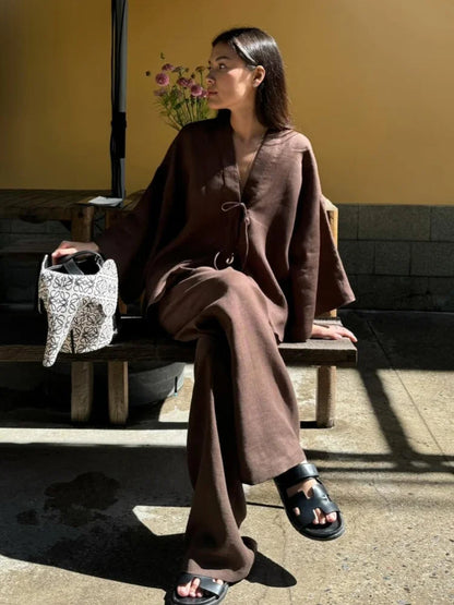 Summer Brown Cotton Linen Loose Pants Sets Fashion V-Neck Lace Up Long Sleeve Shirt Suit 2025 New Women'S Casual 2 Piece Outfits