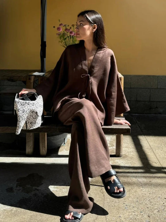 Summer Brown Cotton Linen Loose Pants Sets Fashion V-Neck Lace Up Long Sleeve Shirt Suit 2025 New Women'S Casual 2 Piece Outfits