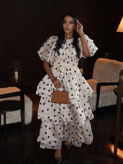 2025 Polka Dot Maxi Dresses Women Elegant Square Neck Lotus Hem Long Gowns Chic Lady Sleeveless High Waist Cinched Summer Robes