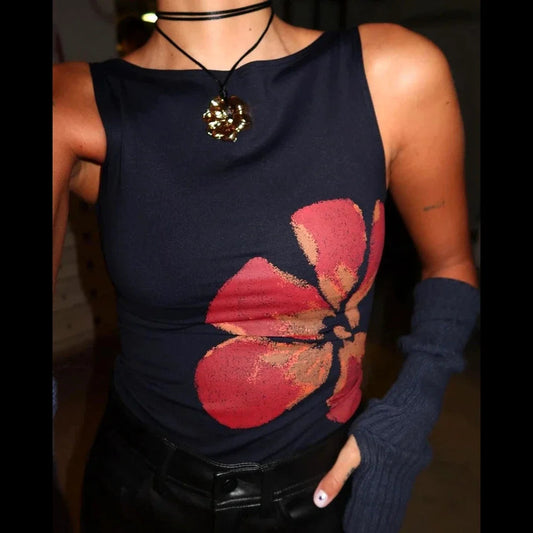 Combhasaki Women'S Y2K Vintage Crop Tank Tops Slim Fitted Aesthetic Flower Print Boat Neck Sleeveless Party Club Summer Camis