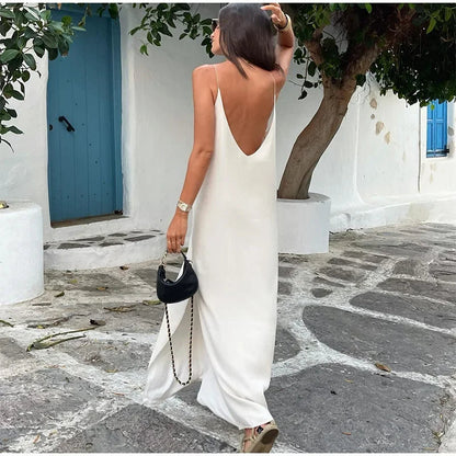 Elegant White V-Neck Slit Maxi Dress For Women Fashion Backless Sleeveless Sling Dresses 2024 Summer Female Beach Vacation Robes