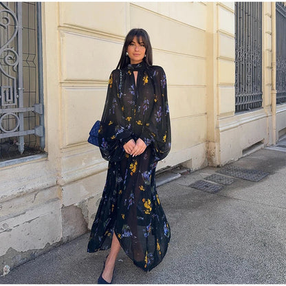 Elegant Printed Boho Long Dresses Women Loose Chic Turtleneck Lantern Sleeve Floral Robes 2025 Spring Summer Lady Vacation Dress