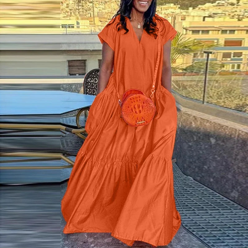 Plus Size Vonda Women Bohemian Dress 2025 Summer Sundress Solid Color Casual Short Sleeve Party Ruffled Vestidos V-Neck Robe