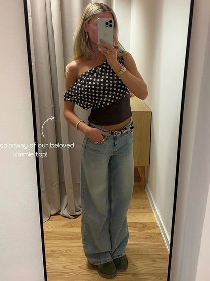 Mozision Backless Polka Dot Crop Tops Women Vest Fashion Summer New Oblique Shoulder Sleeveless Tank Tops Pullovers Female