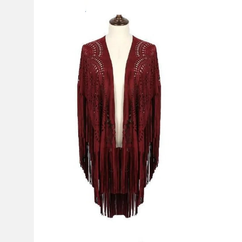 Camel Suede Floral Hollow Out Fringe Tassel Shawl Women Vintage Capes Ponchos Autumn Bohemian Cardigan Cloak Boho Capes