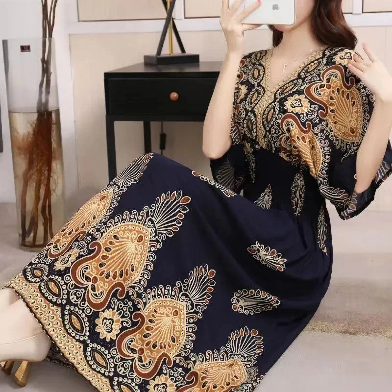 Casual Elegant Retro Bohemian National Style V-Neck Elastic  Waist Large Swing Printed Summer Long Skirt Woman Dress Clothes