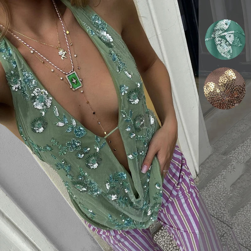 Green Shinny Sequins  Deep V Halter Vest Women Sexy Off Shoulder  Sleeveless Tops Chic Lady Sparkle Tank Tops