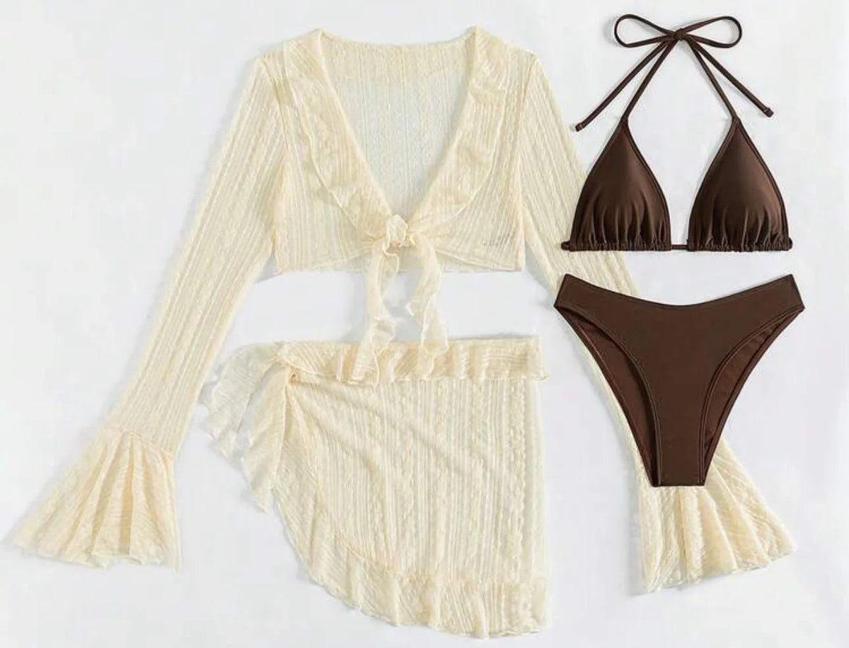 2025 Sexy Four-Piece Women Swimsuit Long-Sleeve Cover-Up Swimwear Summer Solid Bikini Set Brazilian Beachwear Party Bathing Suit