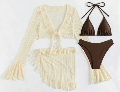 2025 Sexy Four-Piece Women Swimsuit Long-Sleeve Cover-Up Swimwear Summer Solid Bikini Set Brazilian Beachwear Party Bathing Suit