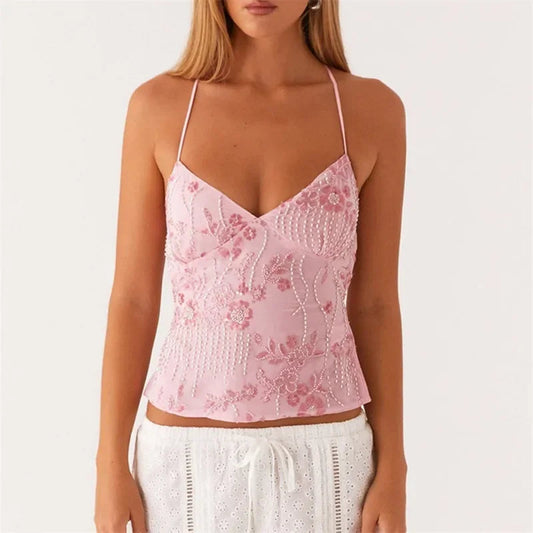 Shiny Sequins V Neck Cropped Vest Women Sexy Lace Up Backless Summer Holiday Halter Tops 2025 Chic Lady Sparkle Sling T-Shirt