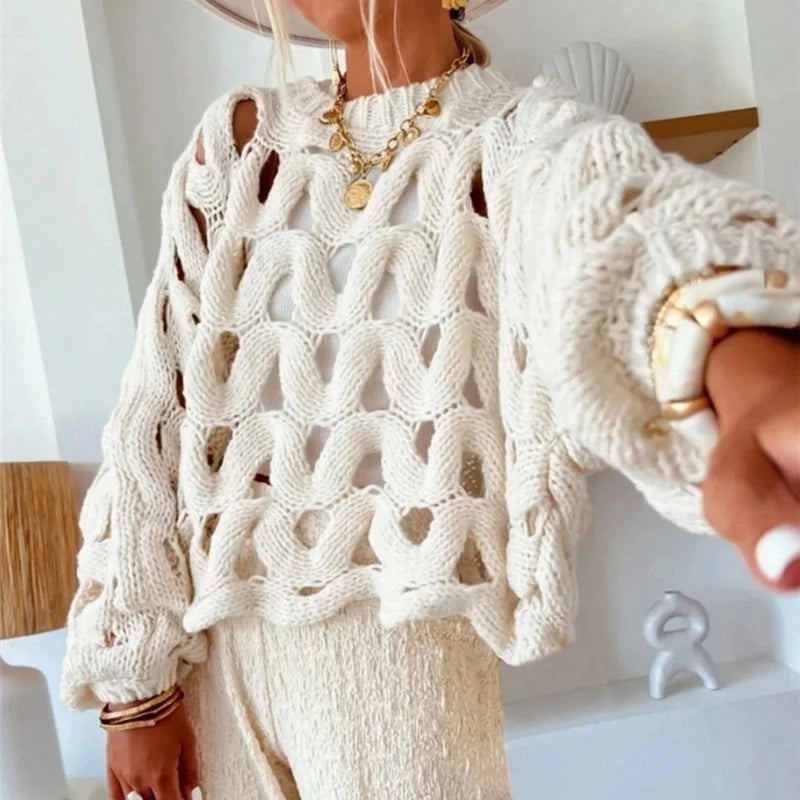 Sexy Hollow Out Long Sleeved Knitted Sweater Summer Beach O-Neck Crochet Pullover Casual Solid Color Women'S Loose Top Blouses