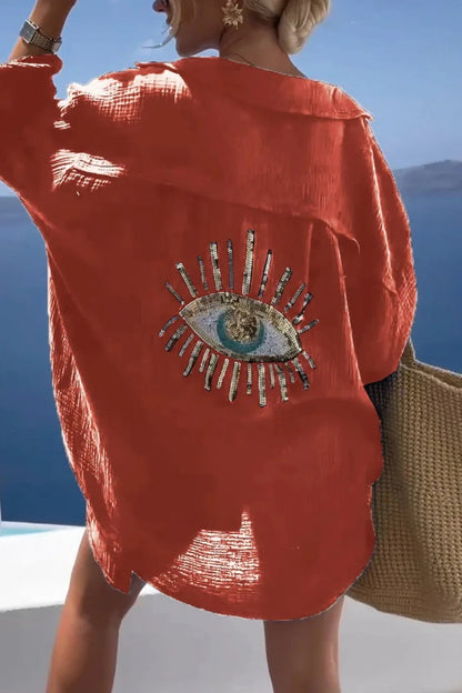 2024 Spring Oversize Women Shirt White Print Turn-Down Collar Long Sleeve Loose Blouses Female Casual Trendy Beach Lday Clothes