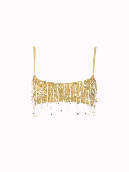 Sexy Sequin Tassels Beach Outfits Women Shiny Fashion Bikinis Sets Female 2025 Summer Holiday High Street Raves Sets 2 Pieces