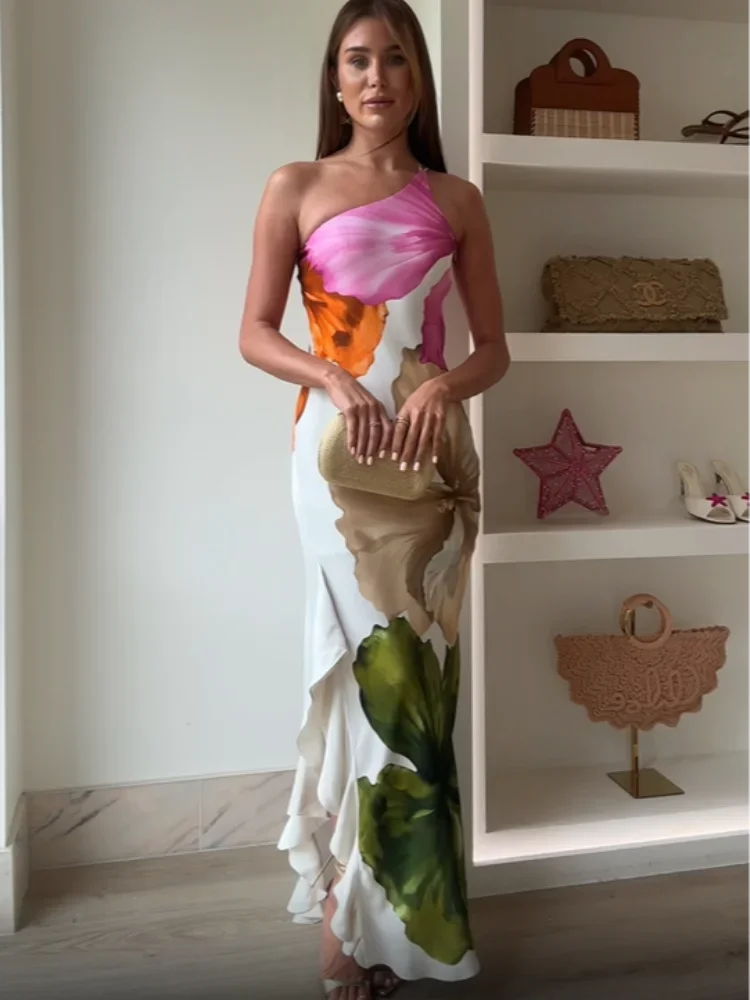Fashion Printed Curling Edge Dresses Chic Irregular Neck Off Shoulder Open Fork Gown New Women Summer Cocktail Party Vestido