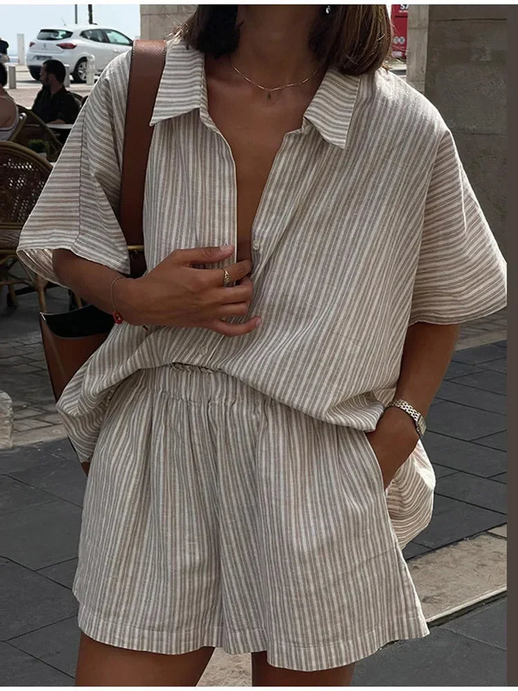 Women Fashion Stripe Print Lace-Up Shorts Set Oversized Lapel Short Sleeve Single Breasted Shirts Suit Lady Casual Street Outfit