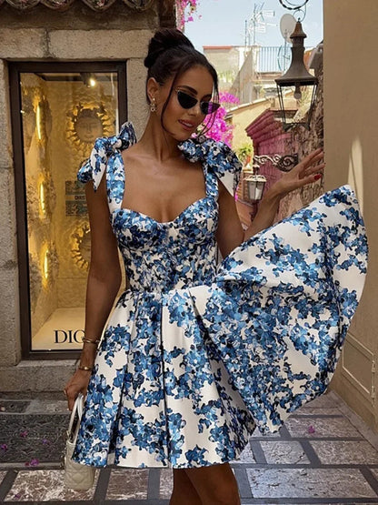 Vintage Blue Print Bow Lace-Up Sling Dress For Women High Waist Pleated A-Line Mini Dresses Summer New Vocation Lady Vestidos